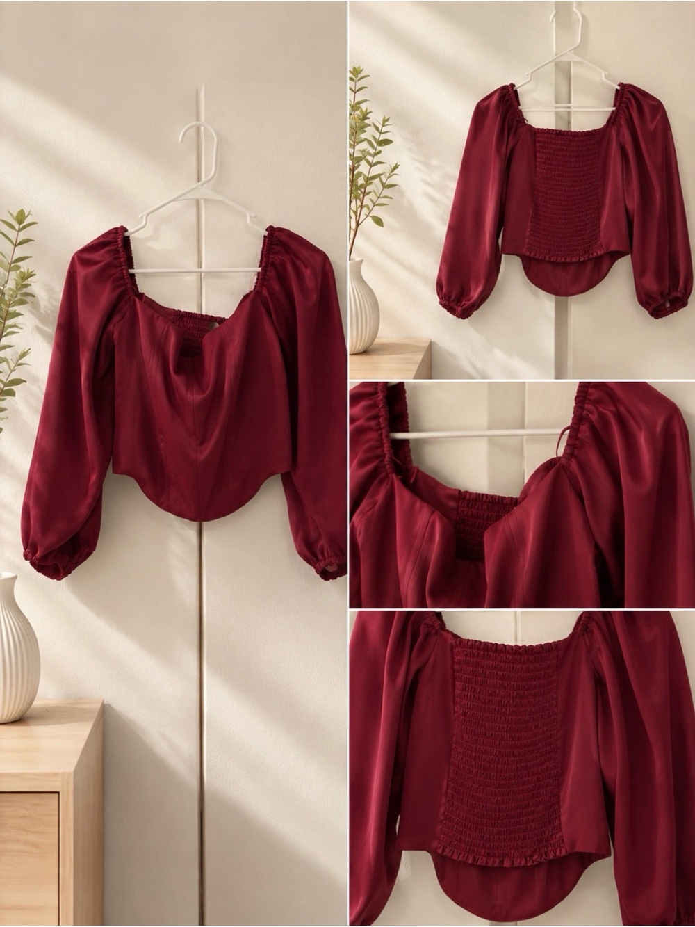WAYF Nightcap Off the Shoulder Bustier Top Puff Sleeves Burgundy, Medium